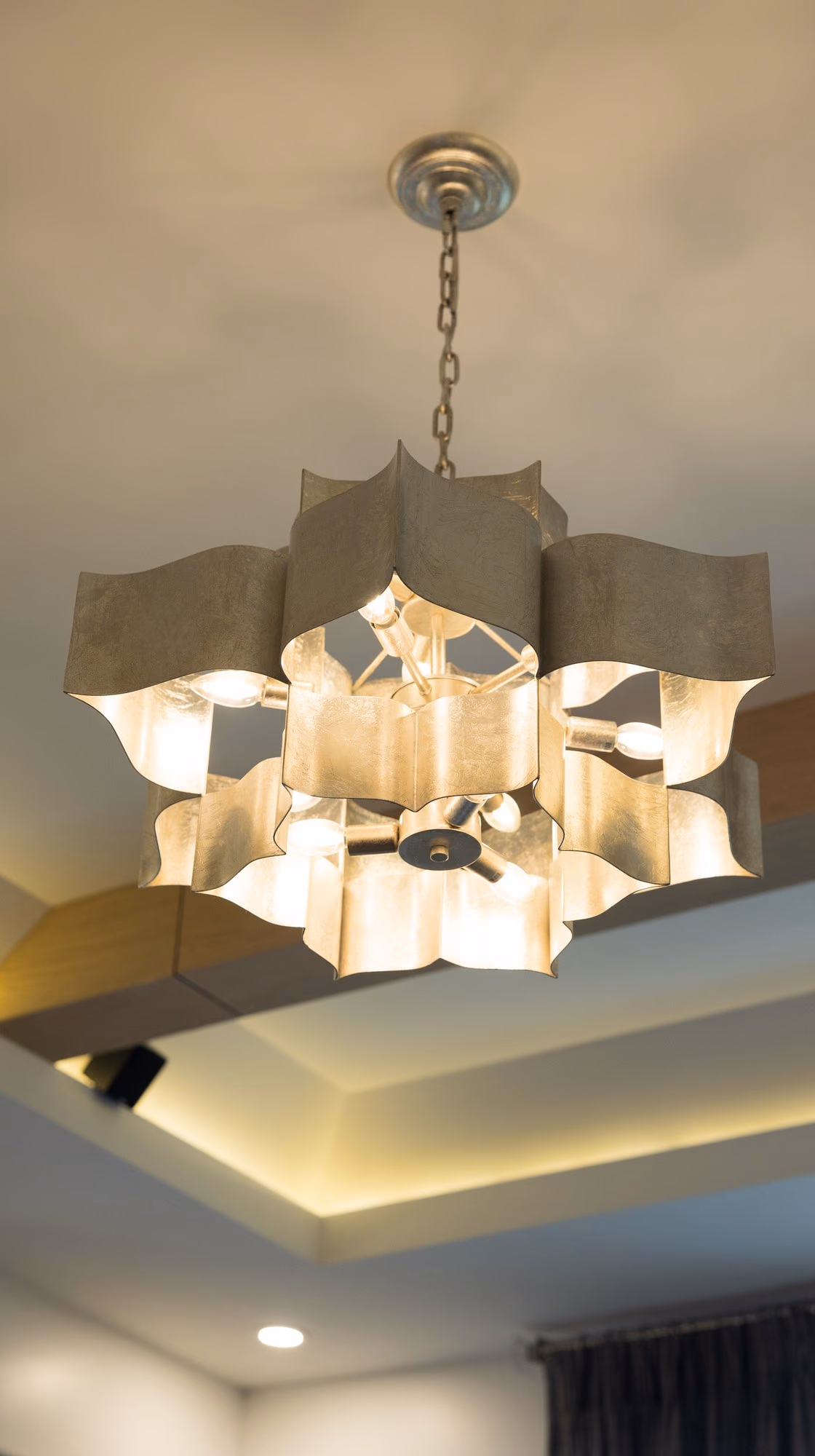 Sculptural chandelier detail in the farmhouse