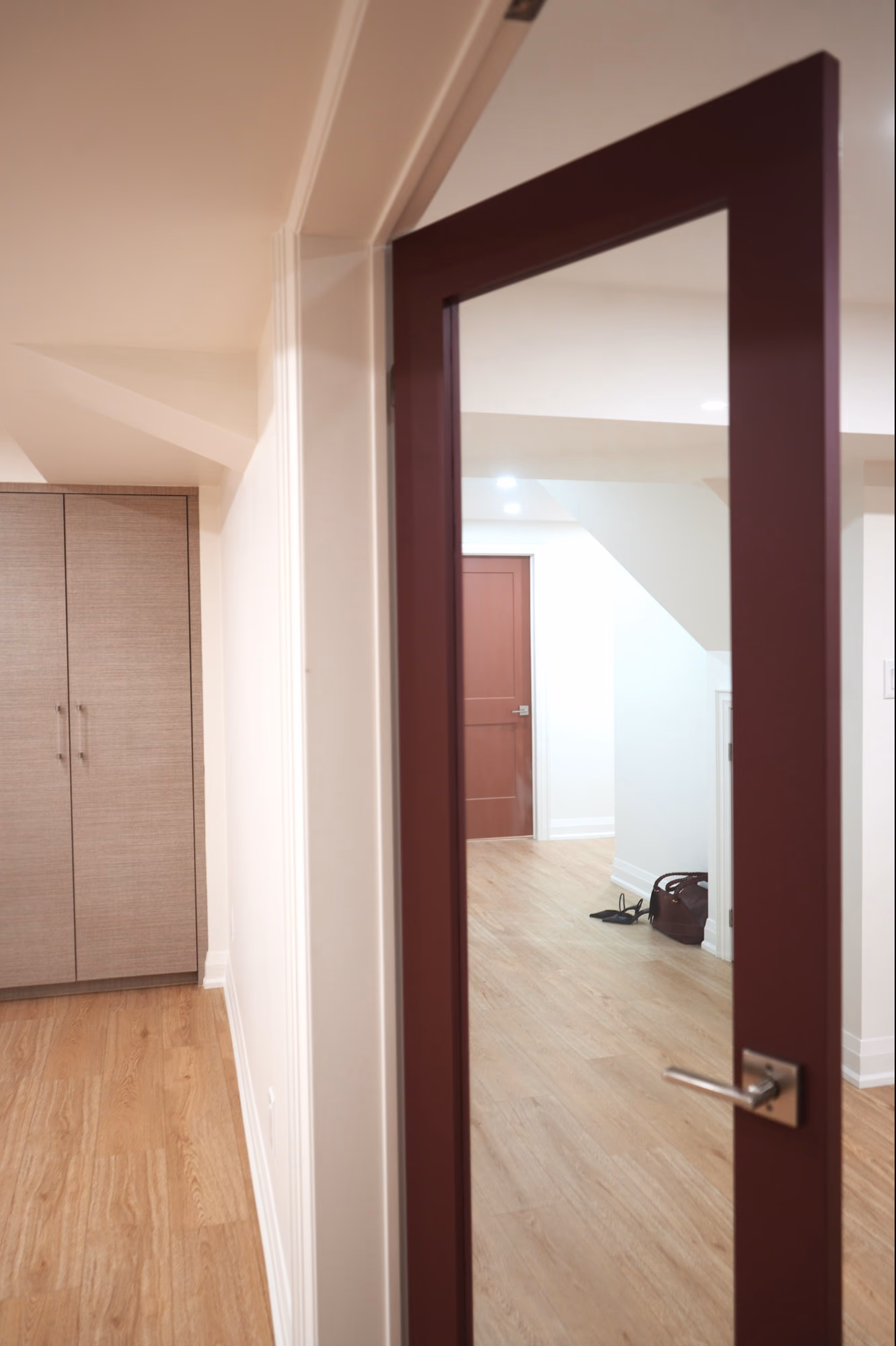 Renovated hallway with wood door