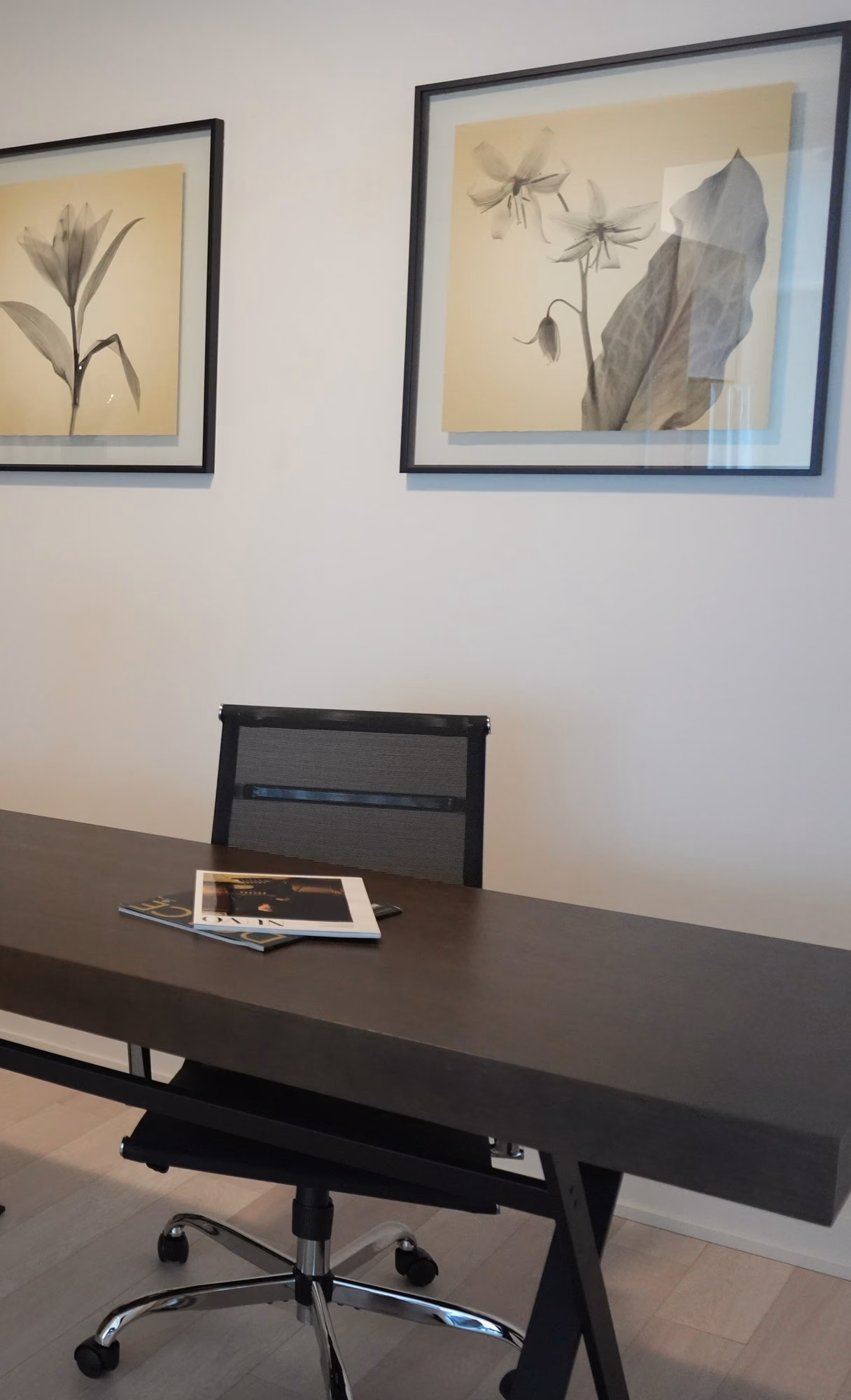 Corporate office desk with shelving and flower artwork